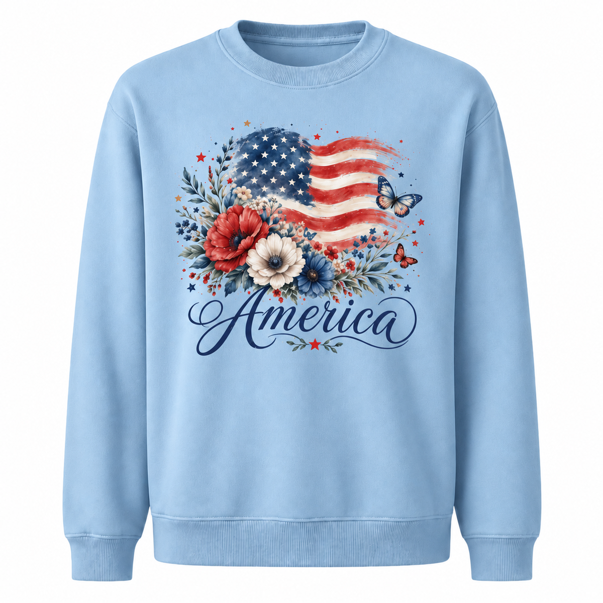 America Watercolor Floral Flag Butterfly Sweatshirt
