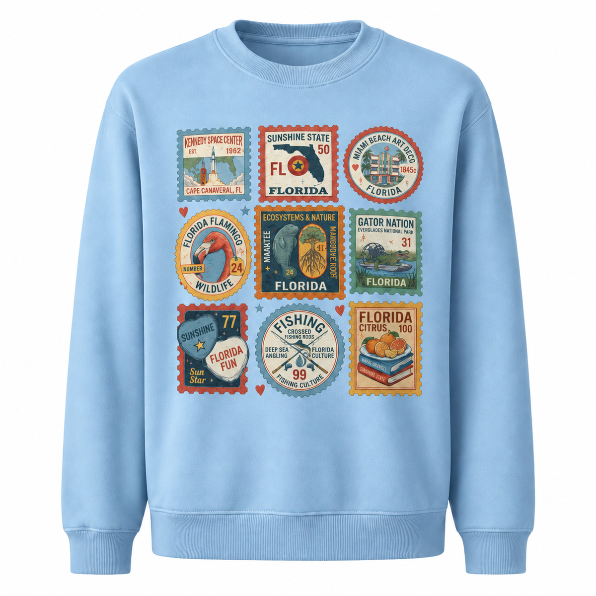 Florida Vintage Travel Postage Stamps Collage Sweatshirt - Light Blue