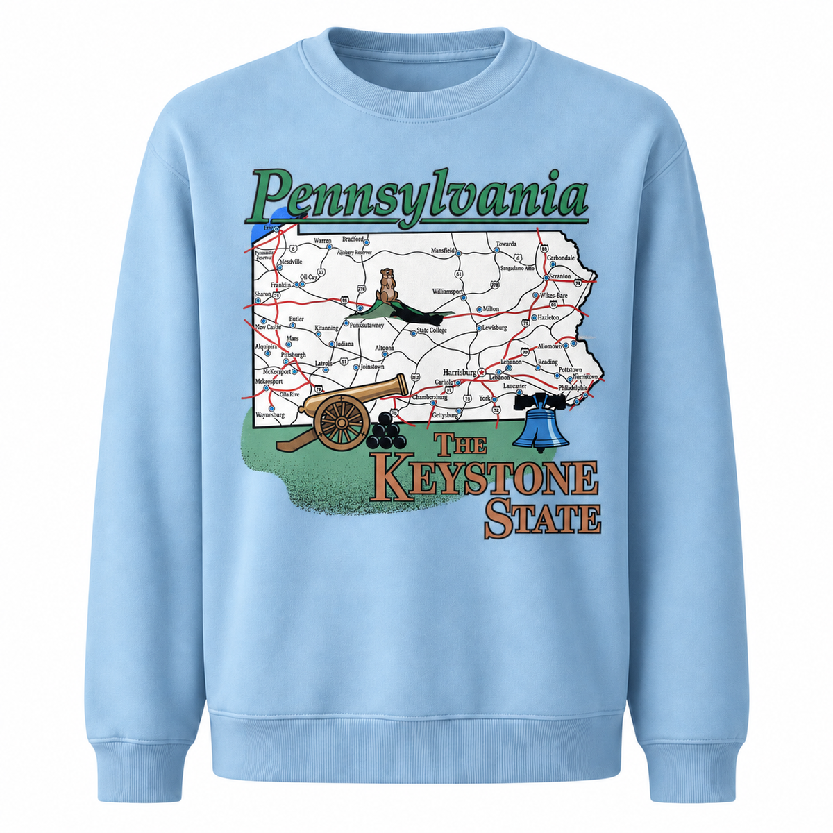 Pennsylvania Countryside State Map Rustic Vintage Sweatshirt - Light Blue