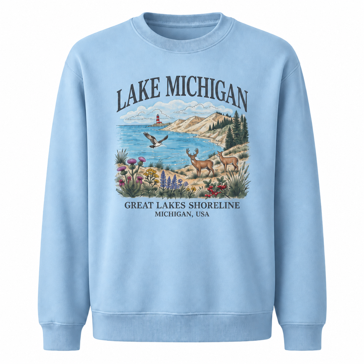 Lake Michigan Scenic Coastal Pine Vintage Sweatshirt - Light Blue