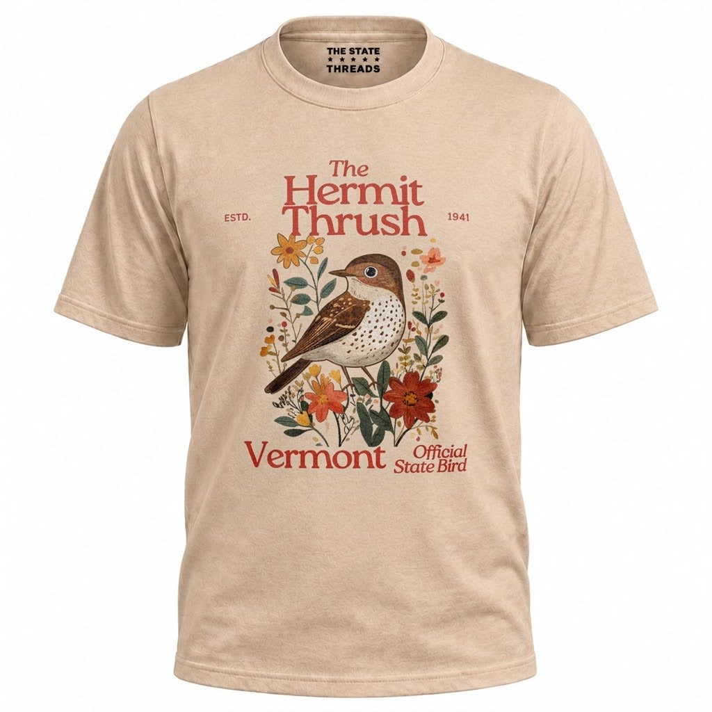 Vermont Hermit Thrush State Bird Vintage Floral Shirt