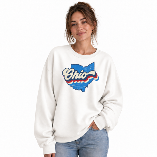 Ohio Retro Sunset Striped Graphic Vintage Sweatshirt - Vintage State Pride Apparel Detail | The State Threads