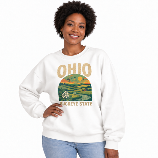 Ohio Countryside Rustic Farm Scenic Vintage Sweatshirt - Vintage State Pride Apparel Detail | The State Threads
