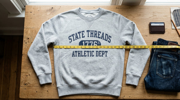 Gildan 18000 heavy fleece vintage crewneck sweatshirt sizing guide flatlay with measuring tape