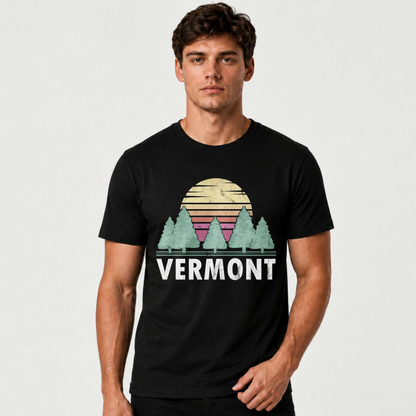 Vermont Retro Sunset Pine Trees Nature Hiking Shirt