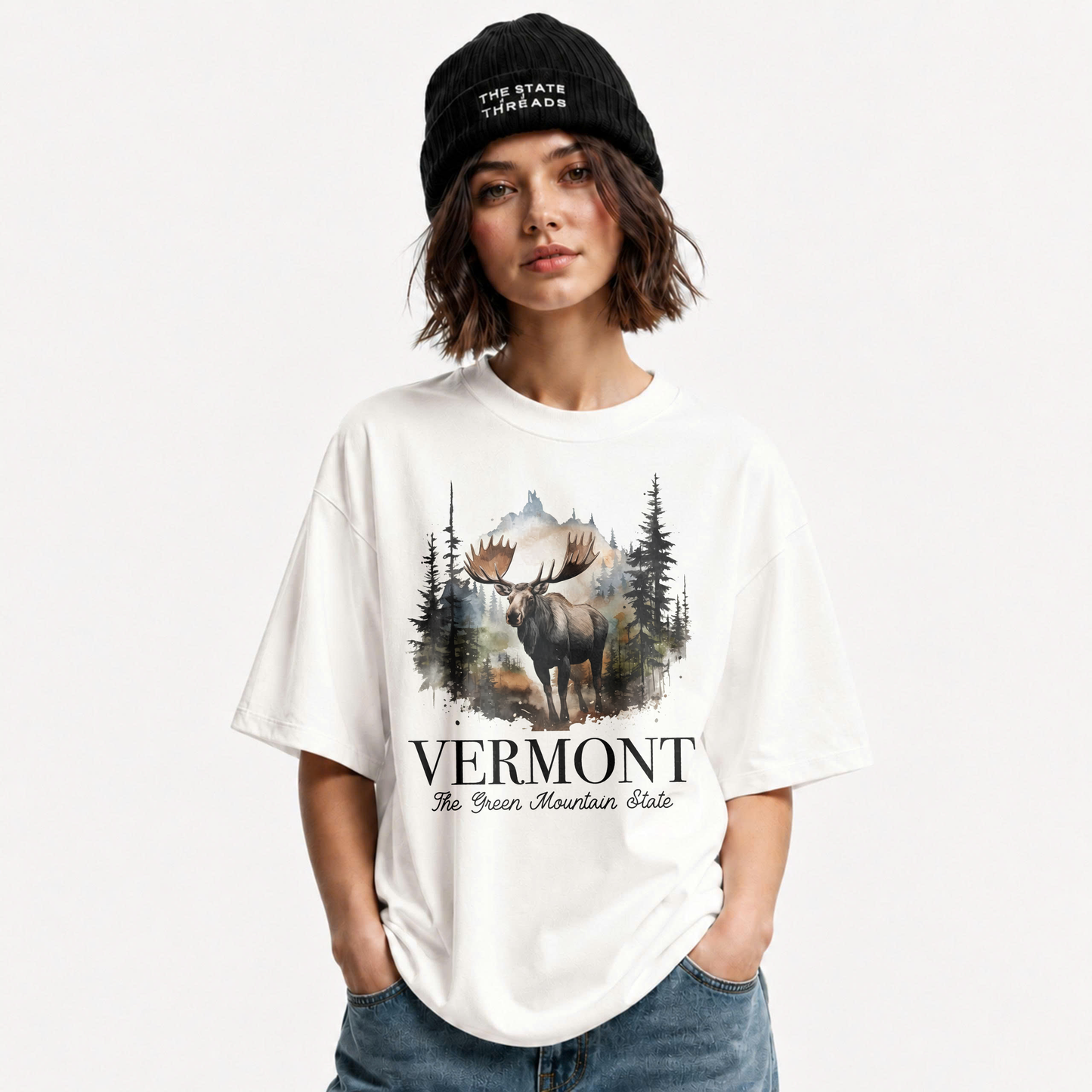 Vermont Watercolor Moose Forest Mountain State Pride Shirt