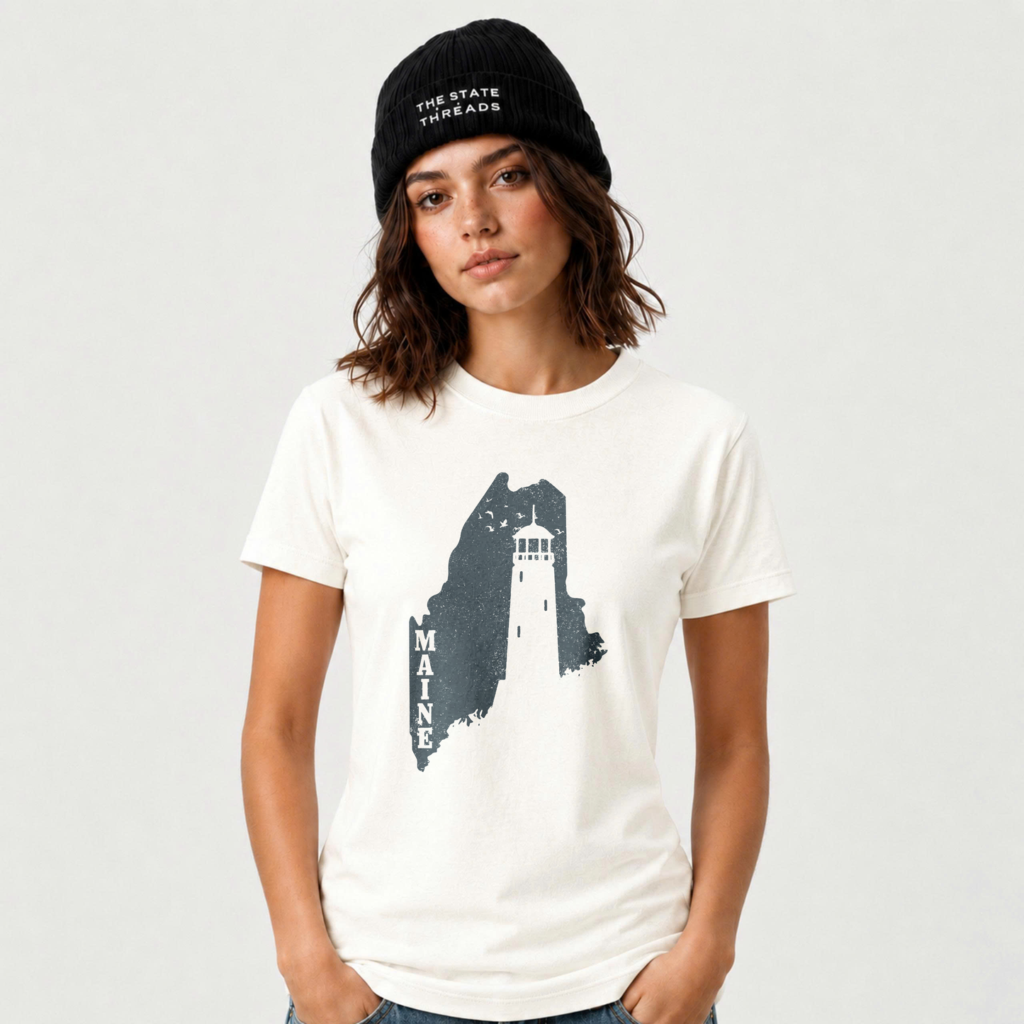 Maine Vintage Coastal Lighthouse Distressed Graphic Shirt