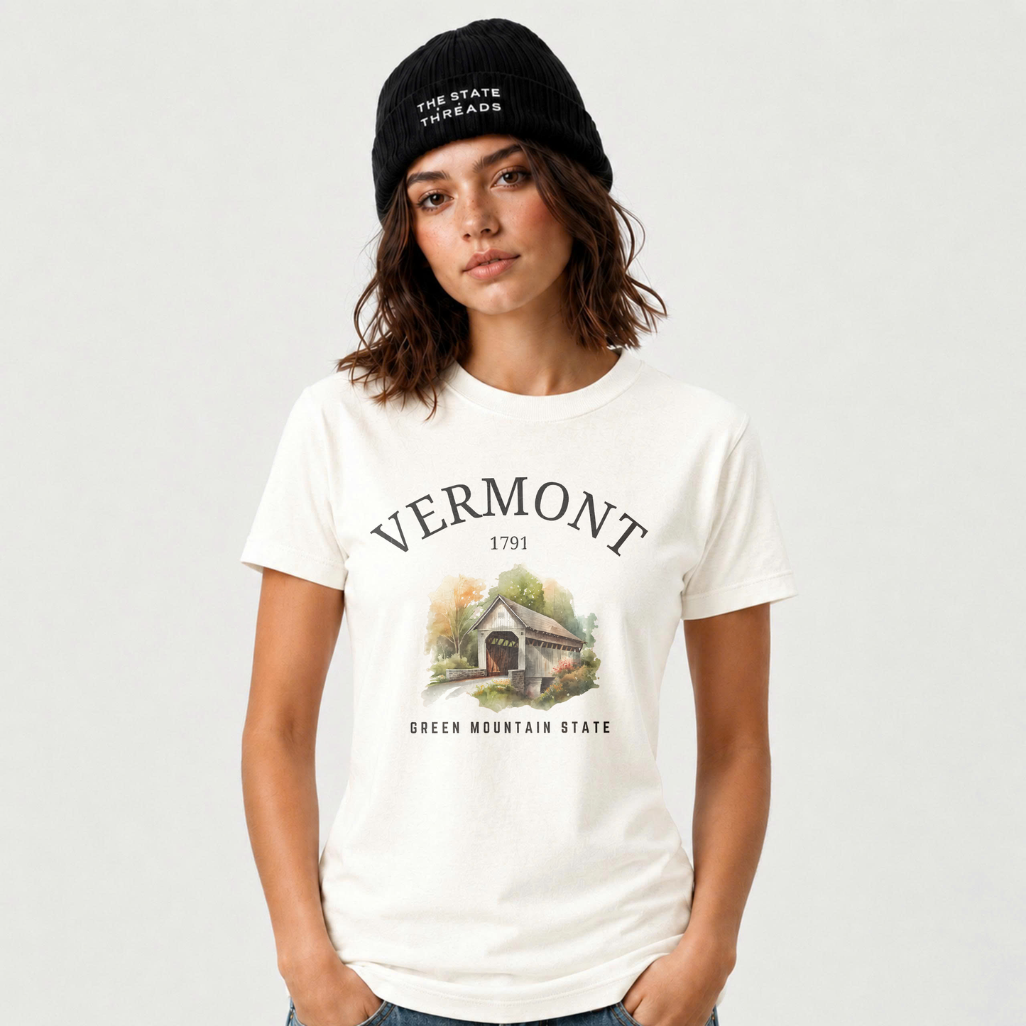 Vermont Green Mountain State Watercolor Covered Bridge Shirt
