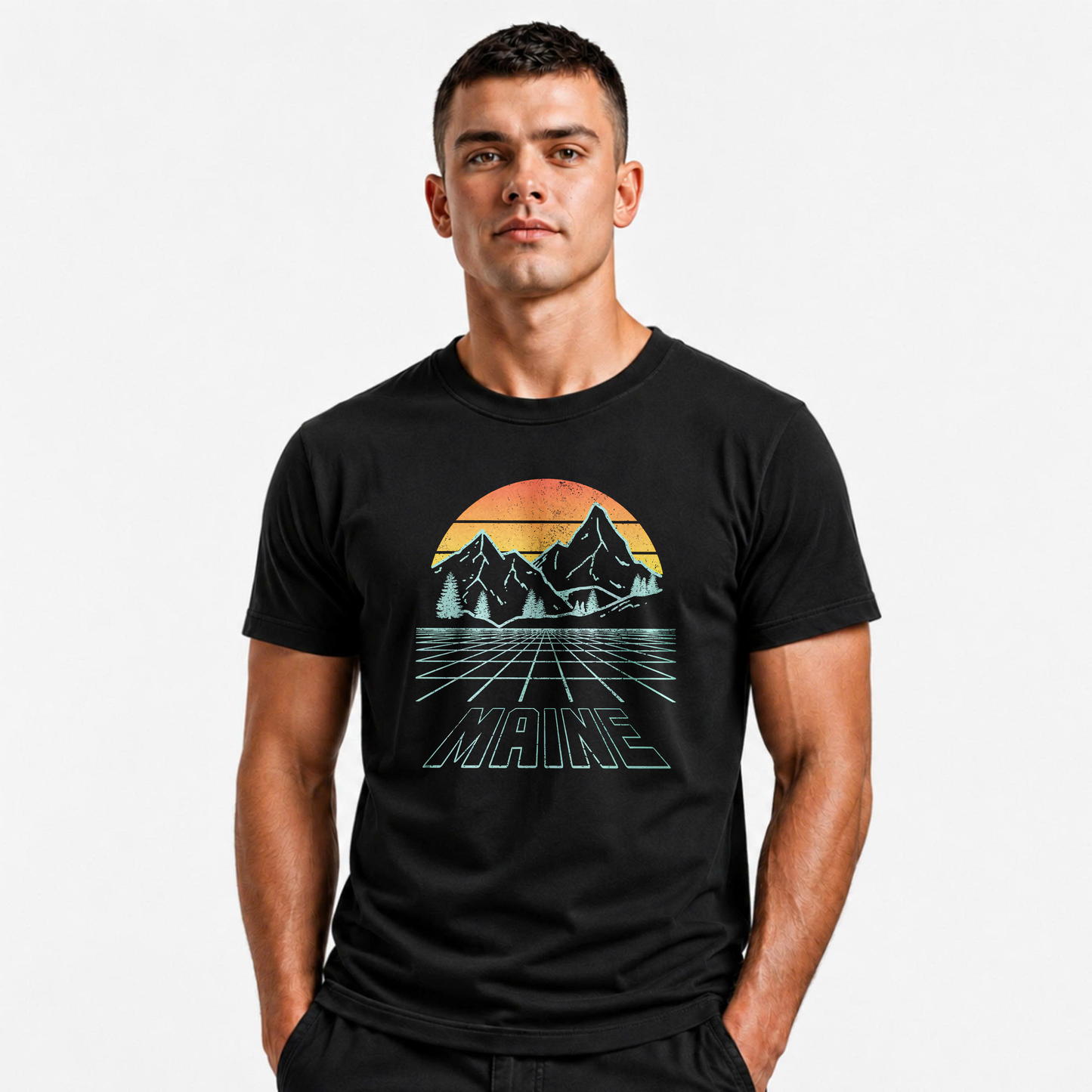 Maine Retro Mountain Sunset Grid Landscape Shirt