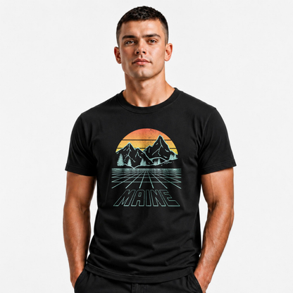 Maine Retro Mountain Sunset Grid Landscape Shirt