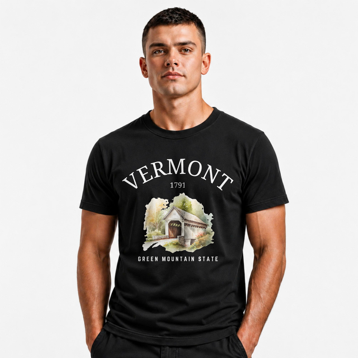 Vermont Green Mountain State Watercolor Covered Bridge Shirt