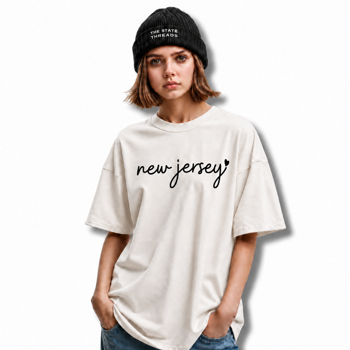New Jersey Cursive Script White Heart Graphic Shirt