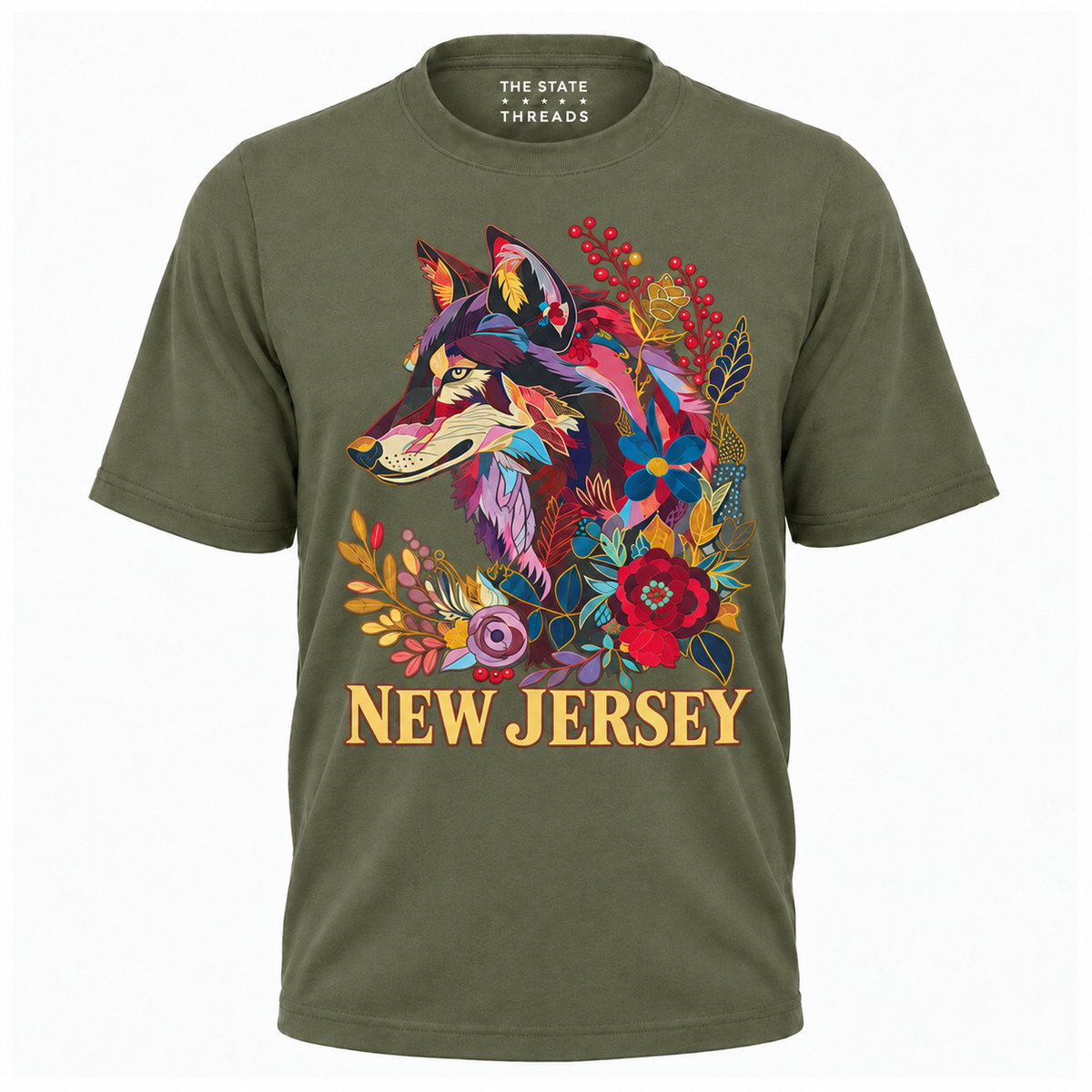 New Jersey Floral Wolf Botanical Vintage Shirt