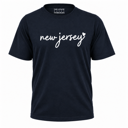 New Jersey Cursive Script White Heart Graphic Shirt