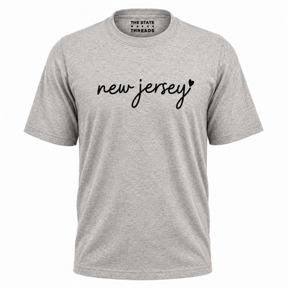 New Jersey Cursive Script White Heart Graphic Shirt