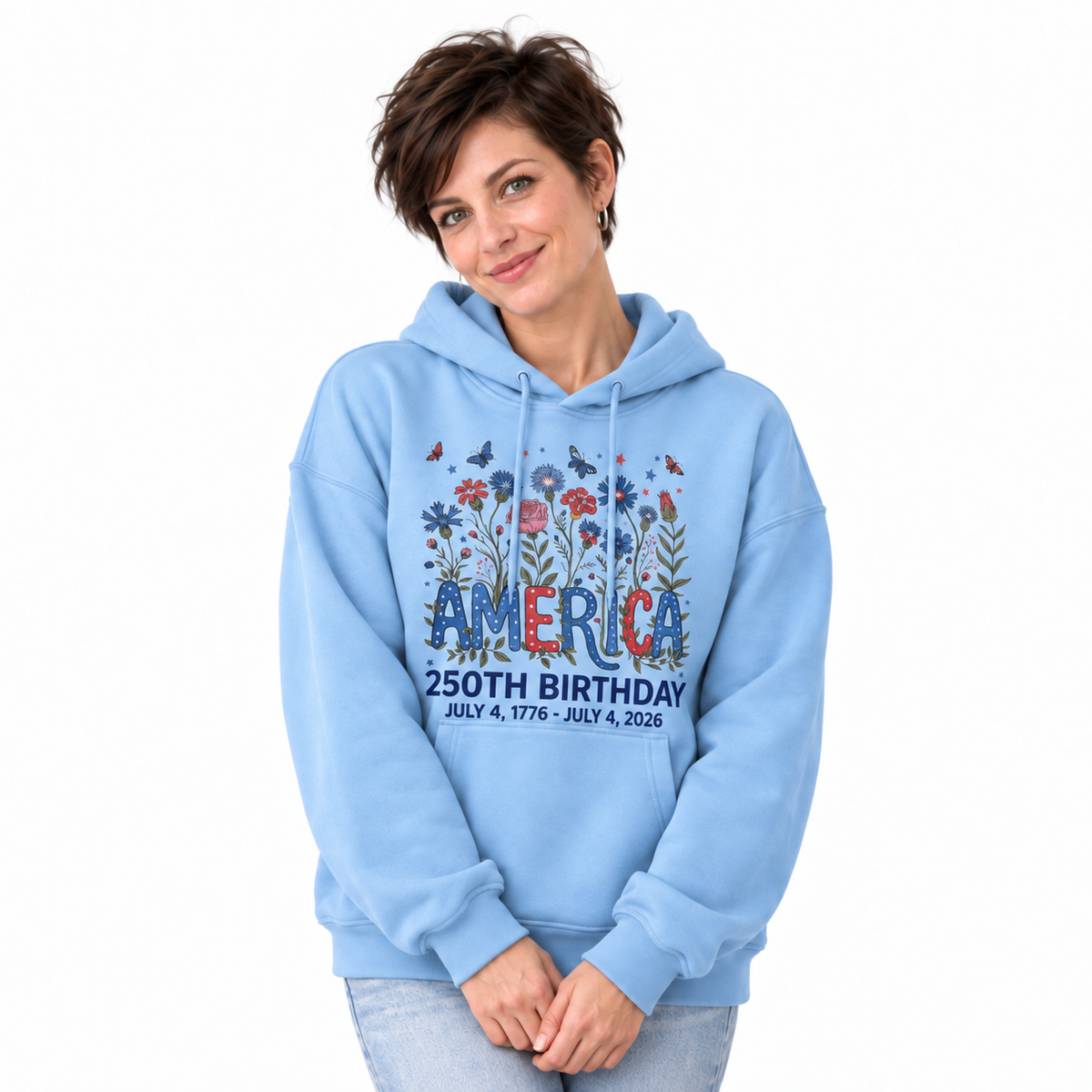 America 250th Birthday Floral Butterfly Hoodie