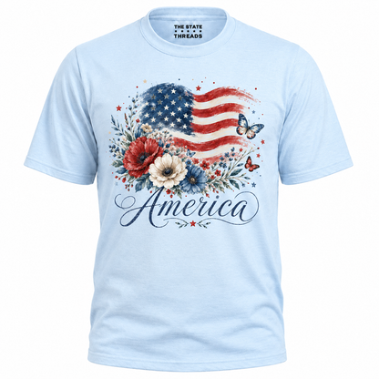 America Floral Flag Butterfly Patriotic Shirt