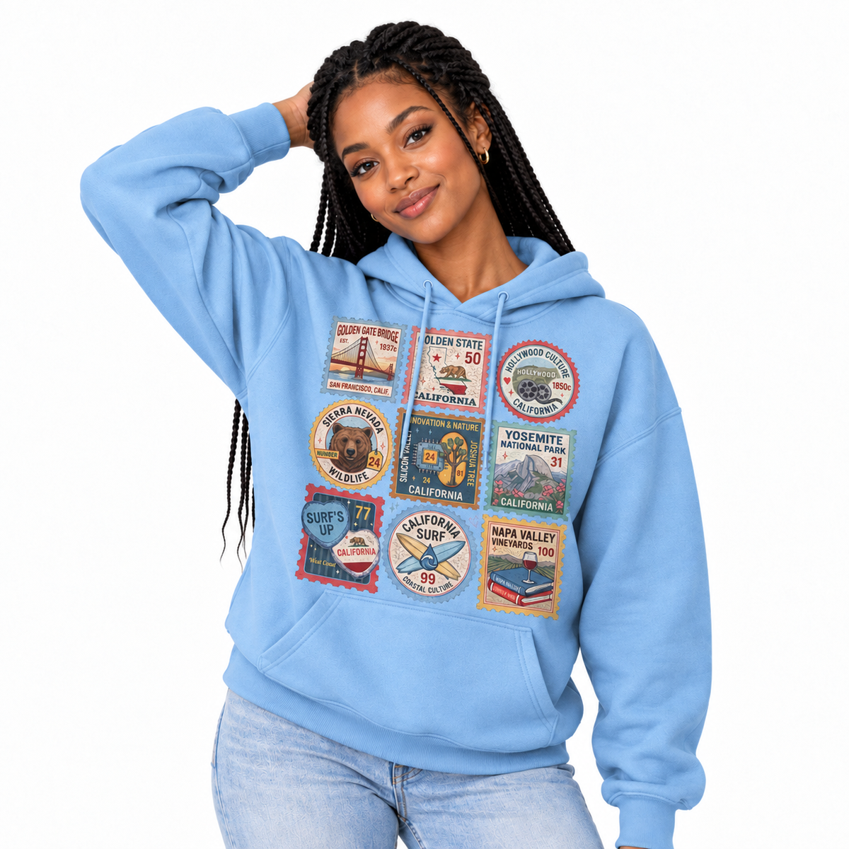 California Vintage Travel Stamps Landmarks Collage Hoodie