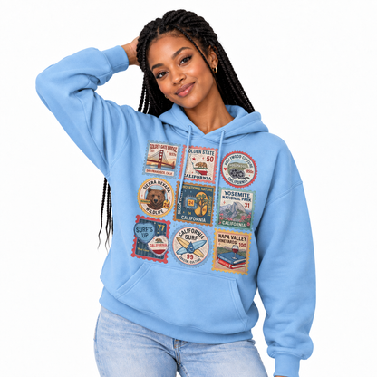 California Vintage Travel Stamps Landmarks Collage Hoodie