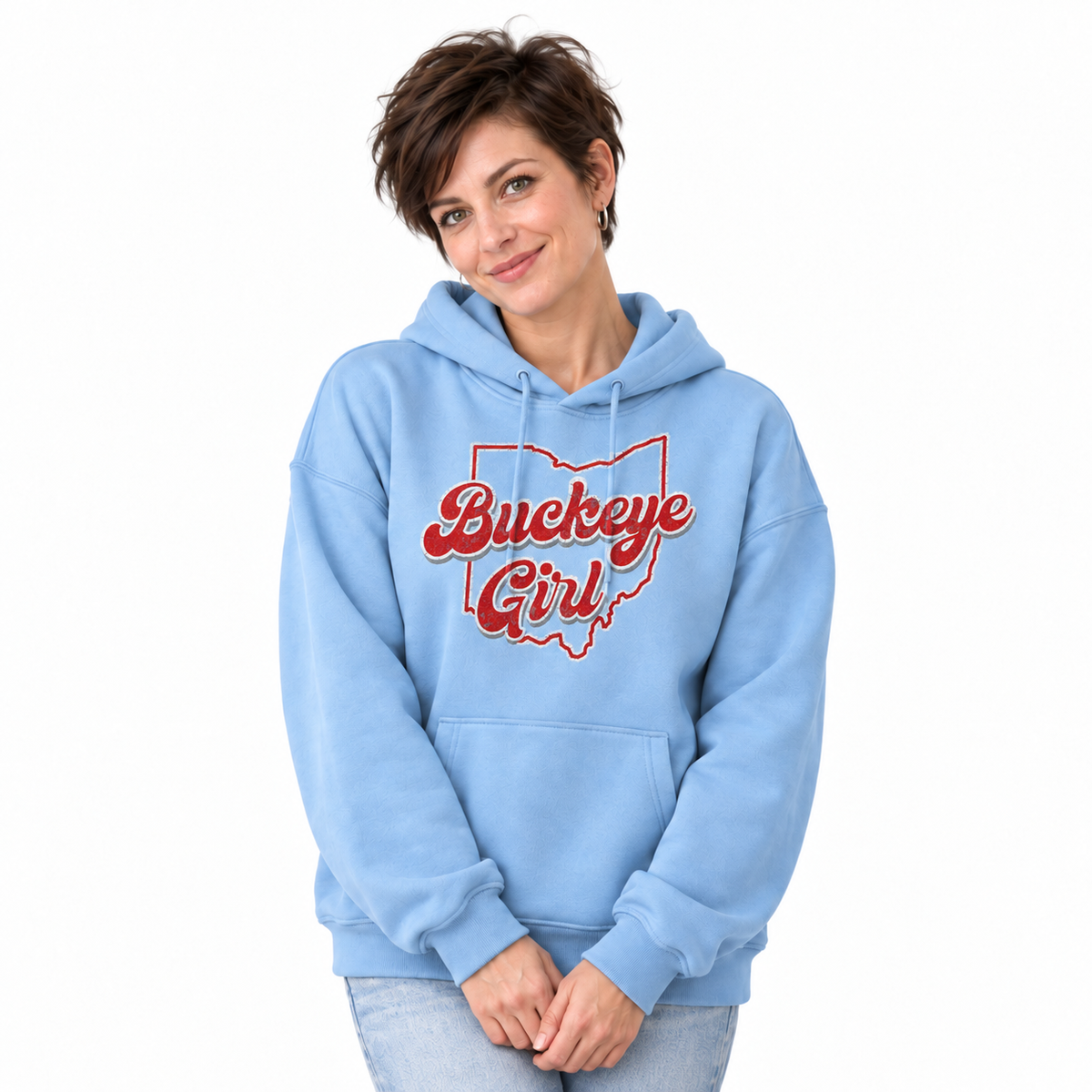 Ohio Buckeye Girl Retro Script State Outline Hoodie