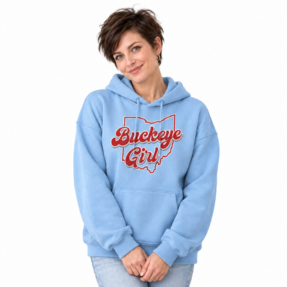 Ohio Buckeye Girl Retro Script State Outline Hoodie