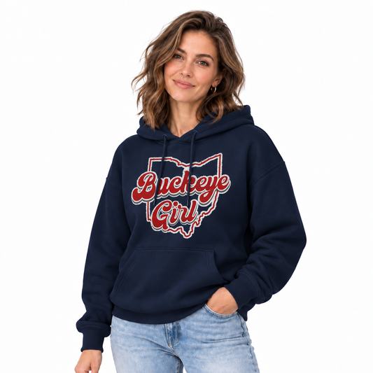 Ohio Buckeye Girl Retro Script State Outline Hoodie
