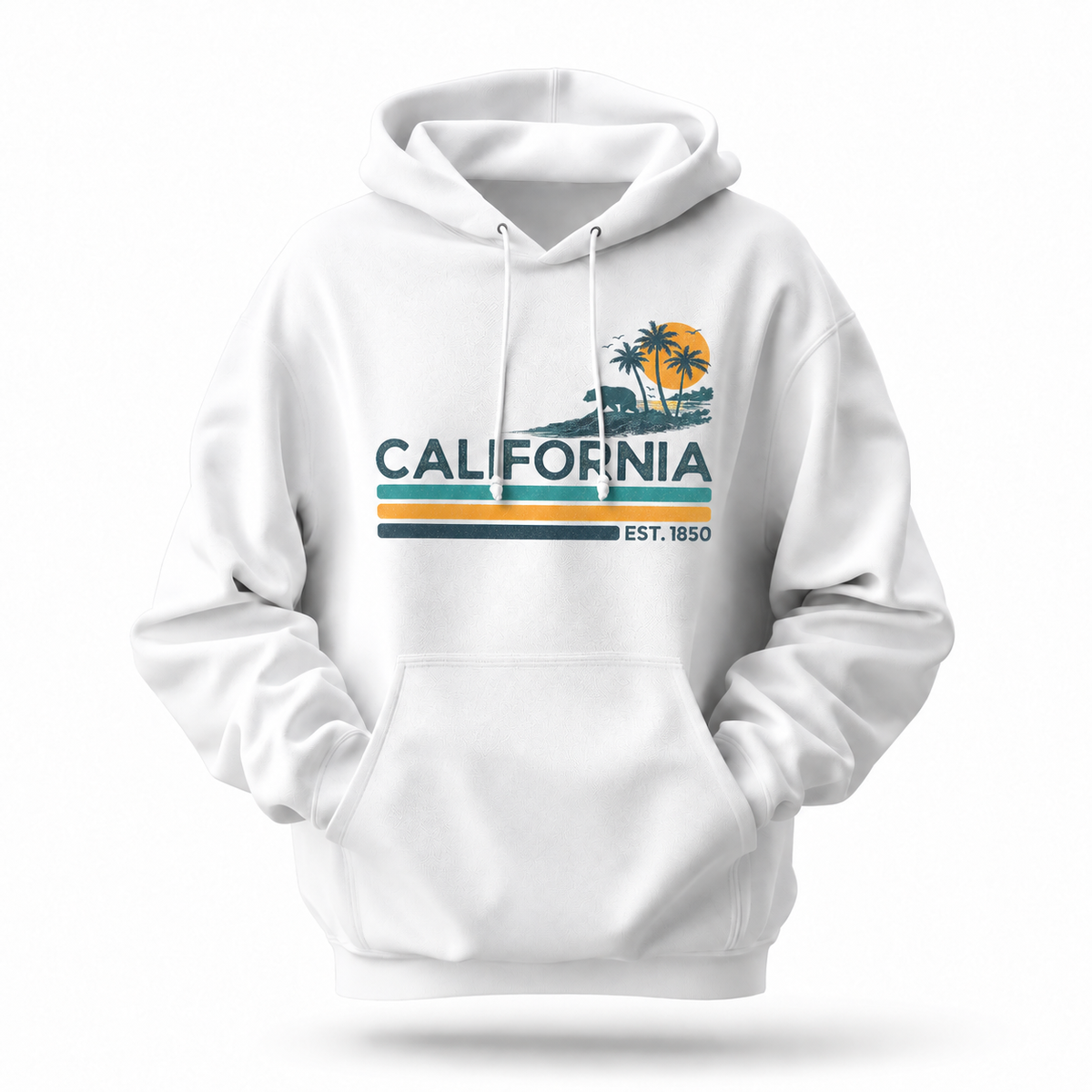 California Retro Sunset Stripes Bear Palm Hoodie
