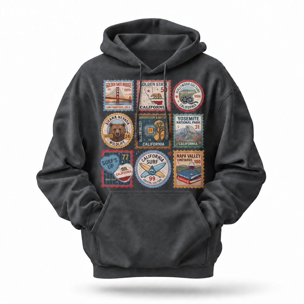 California Vintage Travel Stamps Landmarks Collage Hoodie