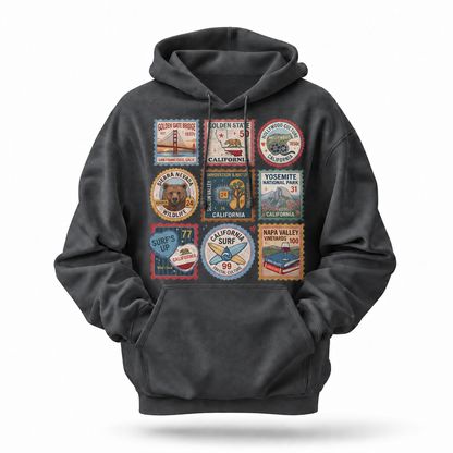 California Vintage Travel Stamps Landmarks Collage Hoodie