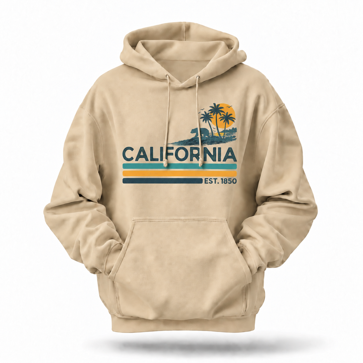 California Retro Sunset Stripes Bear Palm Hoodie