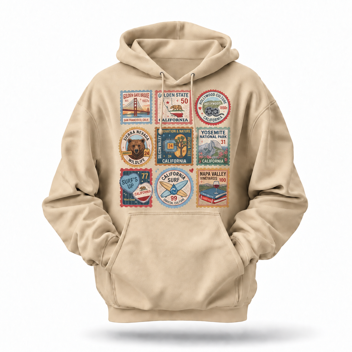 California Vintage Travel Stamps Landmarks Collage Hoodie