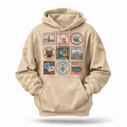 California Vintage Travel Stamps Landmarks Collage Hoodie