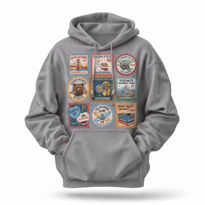 California Vintage Travel Stamps Landmarks Collage Hoodie