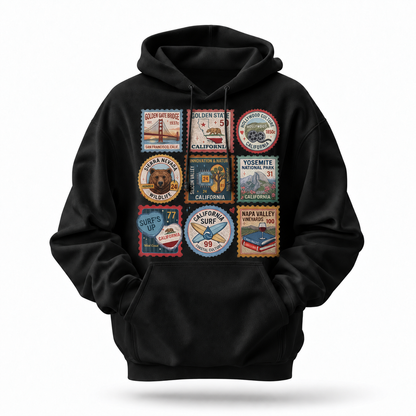 California Vintage Travel Stamps Landmarks Collage Hoodie