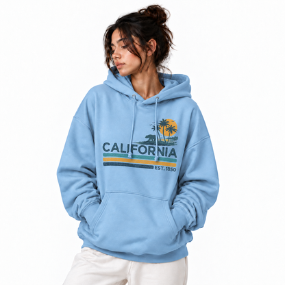 California Retro Sunset Stripes Bear Palm Hoodie