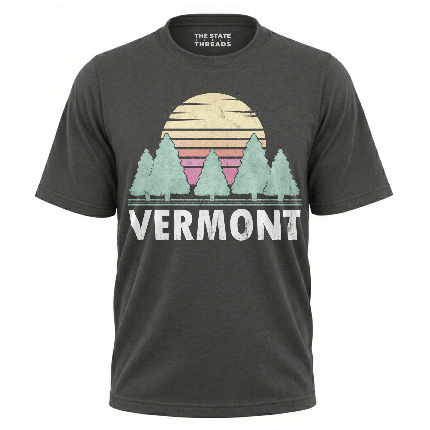 Vermont Retro Sunset Pine Trees Nature Hiking Shirt