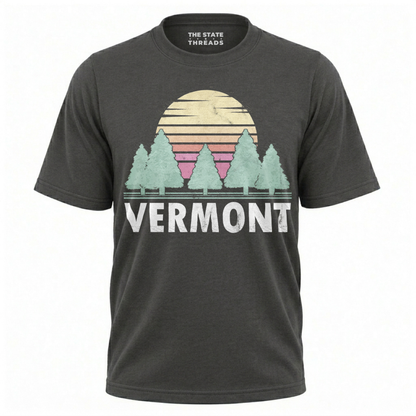 Vermont Retro Sunset Pine Trees Nature Hiking Shirt