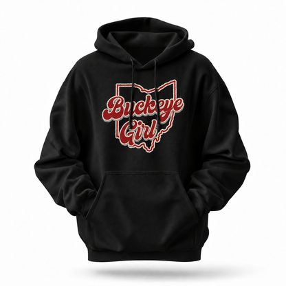 Ohio Buckeye Girl Retro Script State Outline Hoodie