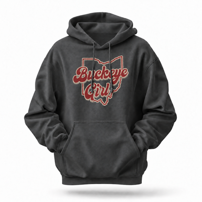 Ohio Buckeye Girl Retro Script State Outline Hoodie