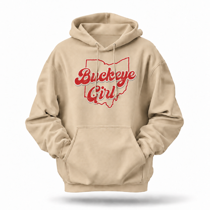Ohio Buckeye Girl Retro Script State Outline Hoodie