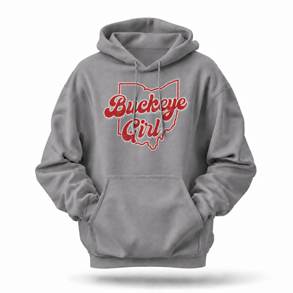 Ohio Buckeye Girl Retro Script State Outline Hoodie