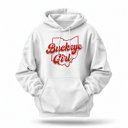 Ohio Buckeye Girl Retro Script State Outline Hoodie