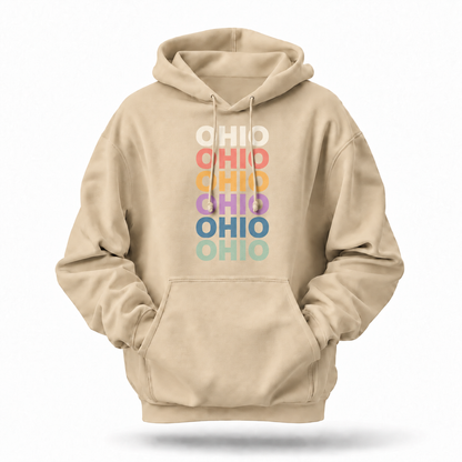 Ohio Retro Repeat Text Pastel Rainbow Stack Hoodie