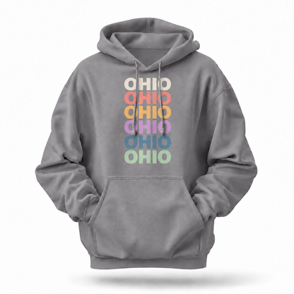 Ohio Retro Repeat Text Pastel Rainbow Stack Hoodie