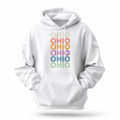 Ohio Retro Repeat Text Pastel Rainbow Stack Hoodie