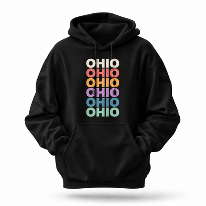 Ohio Retro Repeat Text Pastel Rainbow Stack Hoodie