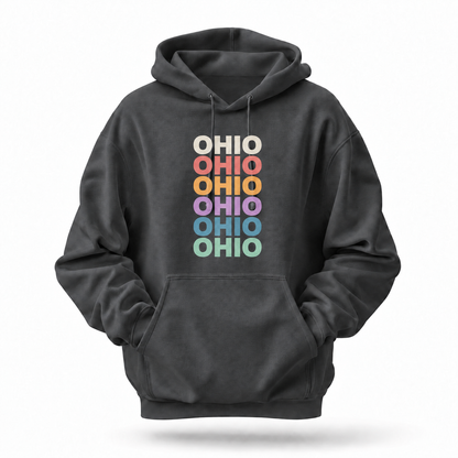 Ohio Retro Repeat Text Pastel Rainbow Stack Hoodie