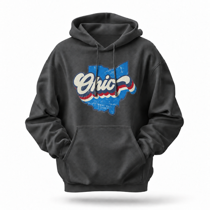 Ohio Retro Script Red White Blue State Map Hoodie