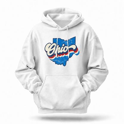 Ohio Retro Script Red White Blue State Map Hoodie