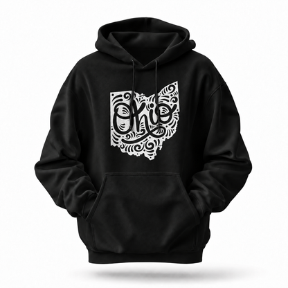 Ohio Map Swirl Hand Lettering Folk Art Hoodie